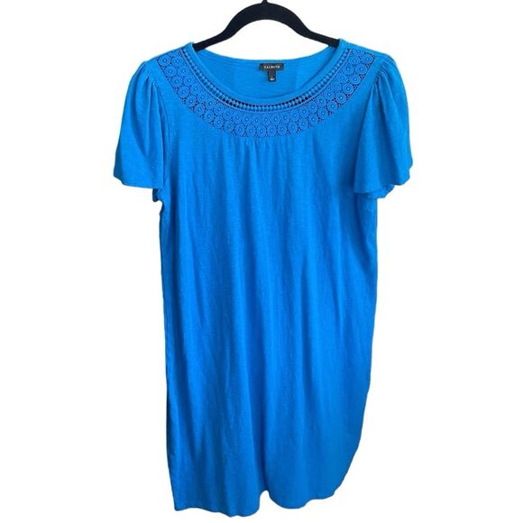 T by Talbots Blue Cotton Flutter Sleeve Crochet Neckline T-Shirt Dress Women's L - Picture 1 of 6